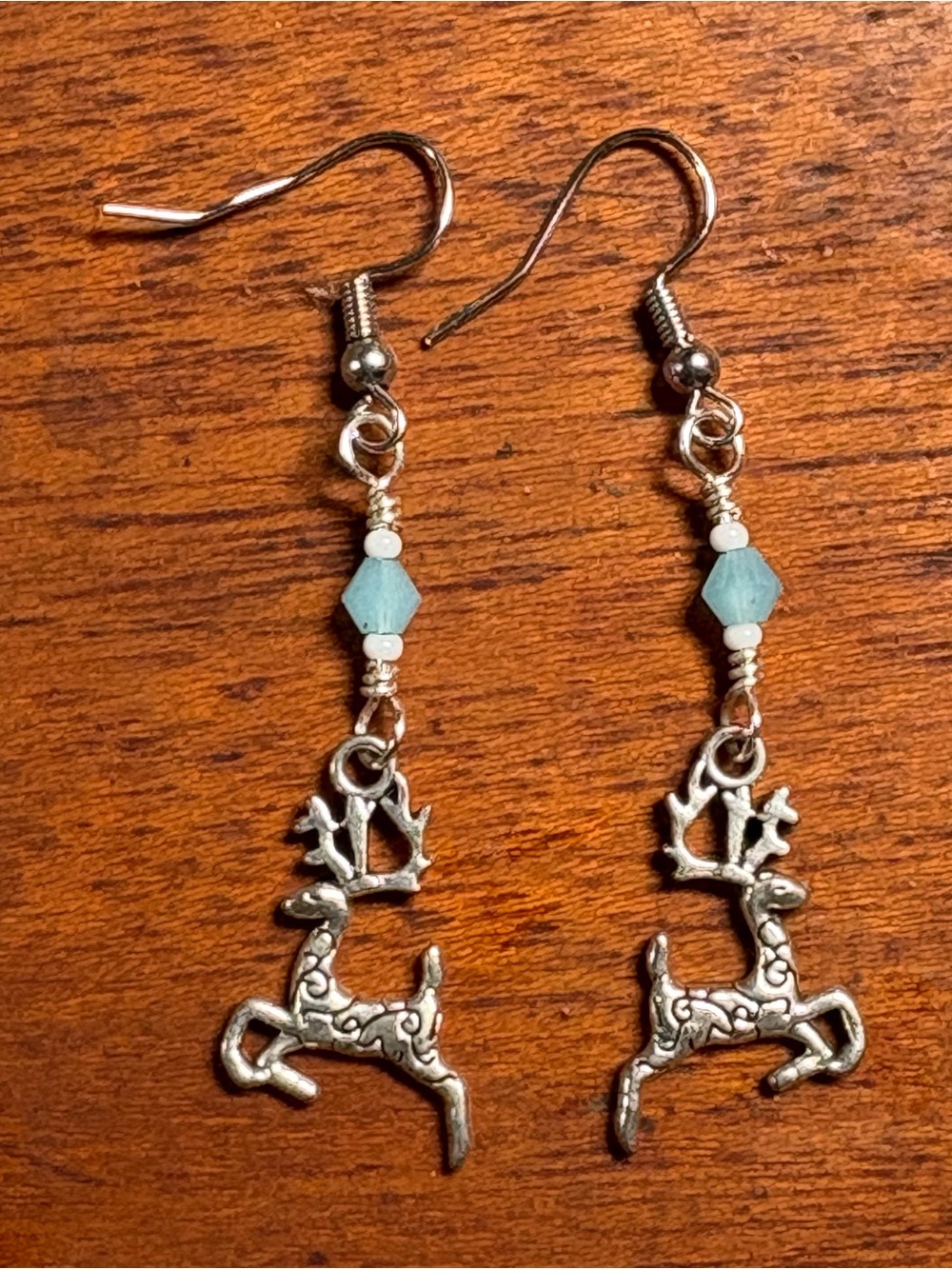 Silver Reindeer Drop Earrings with Aqua Bead
